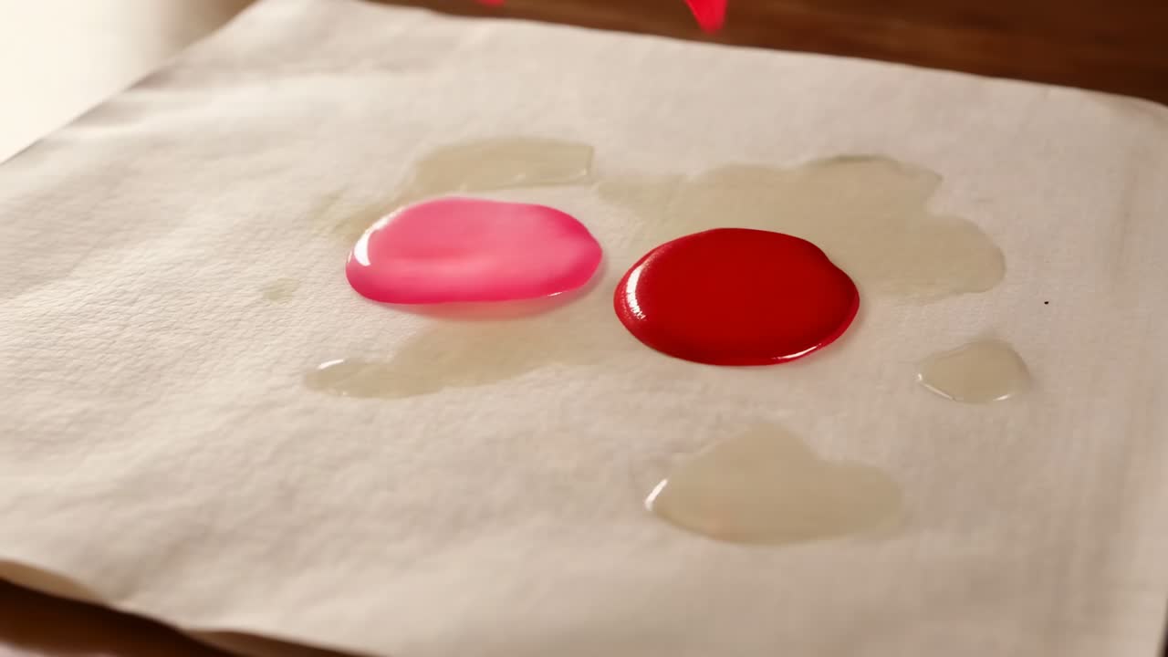Macchie rosa e rosse che si espandono, si incontrano e si fondono su carta ruvida, formando un acquerello a forma di cuore