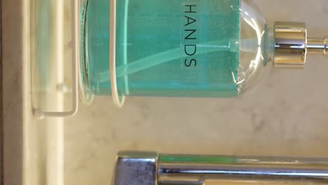 hand soap dispenser and sponge in a sink holder