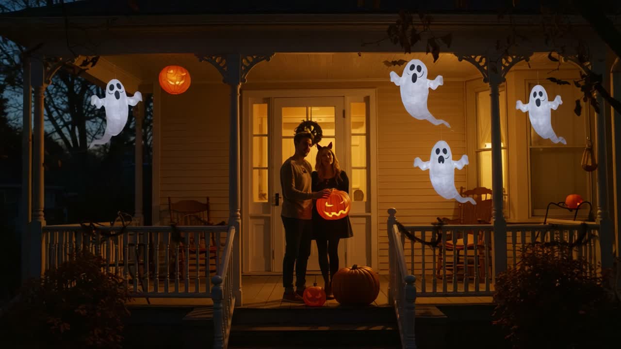Una accogliente notte di Halloween: Una coppia che si diverte a intagliare zucche sul loro portico, circondata da stravaganti decorazioni a forma di fantasmi e un caldo bagliore proveniente dalla casa.