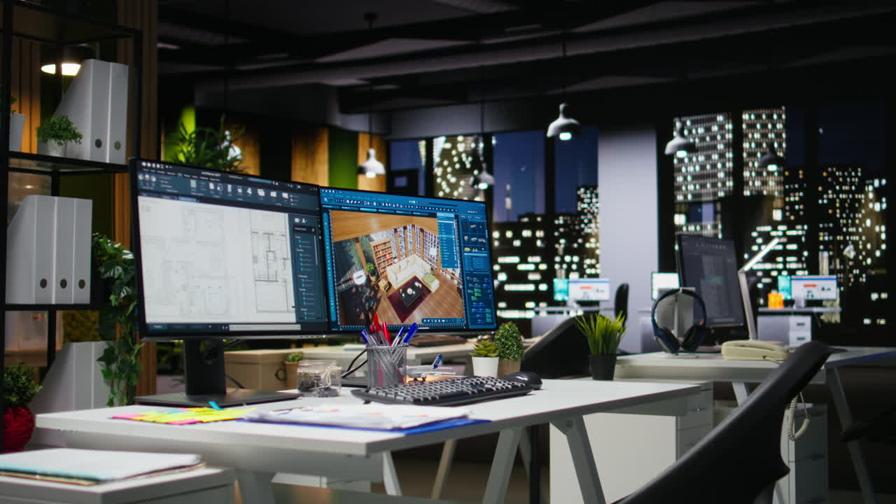 Professional interior design workspace showing modern computer monitors