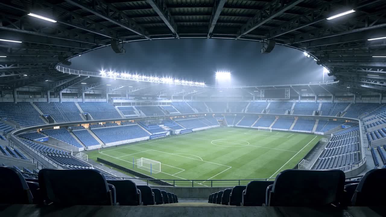 Accensione dei riflettori che illuminano lo stadio di notte, rivelando il campo e le porte, in preparazione per un evento.