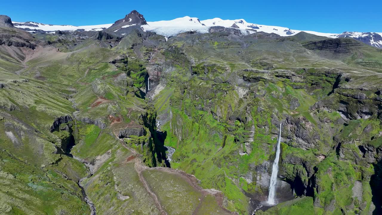 Waterfalls At Mulagljufur Canyon in Iceland. - aerial shot