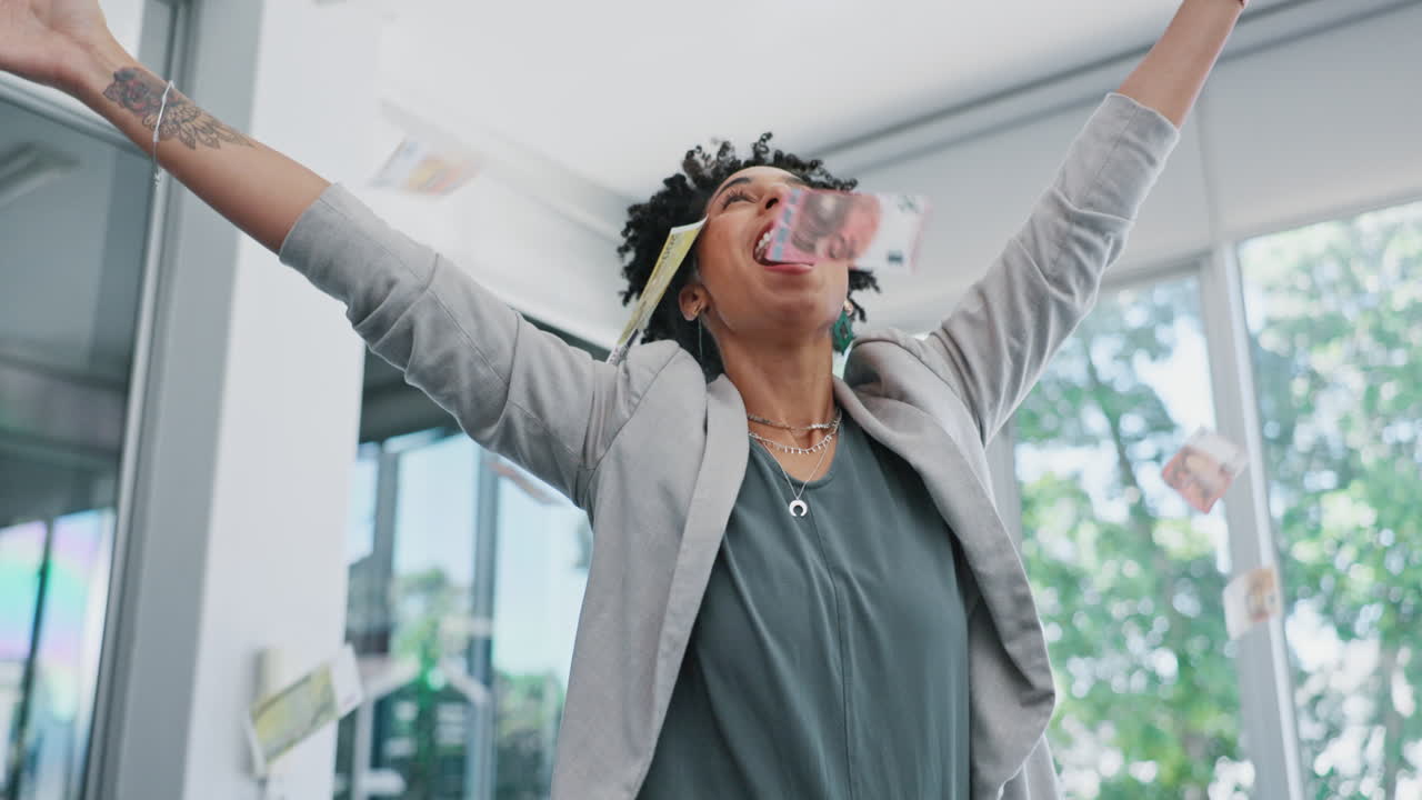 Black woman, money rain and office celebration