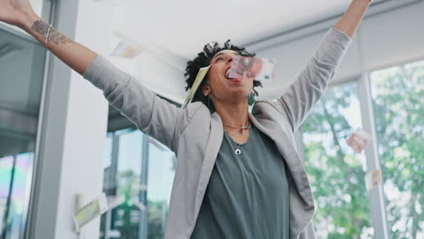 black woman, money rain and office celebration