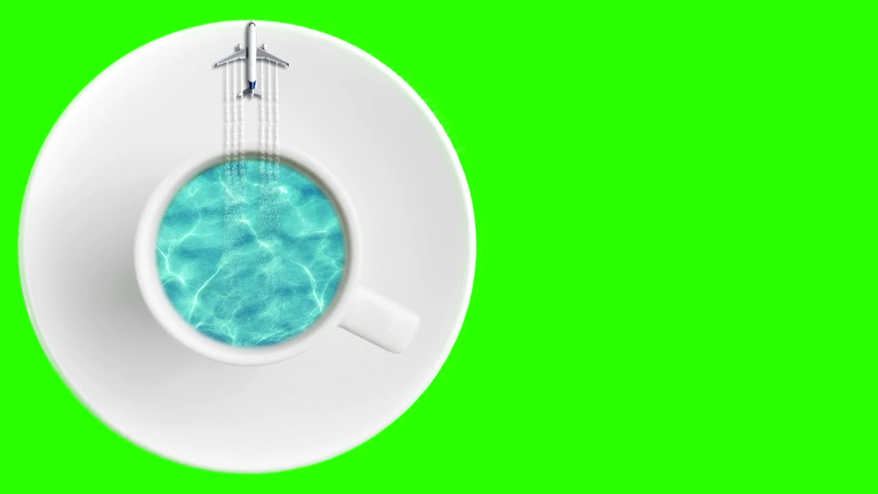 파란 카리브해, 은 날의 바다, 커피 컵, 관광, 비행기, 크로마 키, 그린 스크린, 추상적인 여행, 휴가, 휴가의 개념.