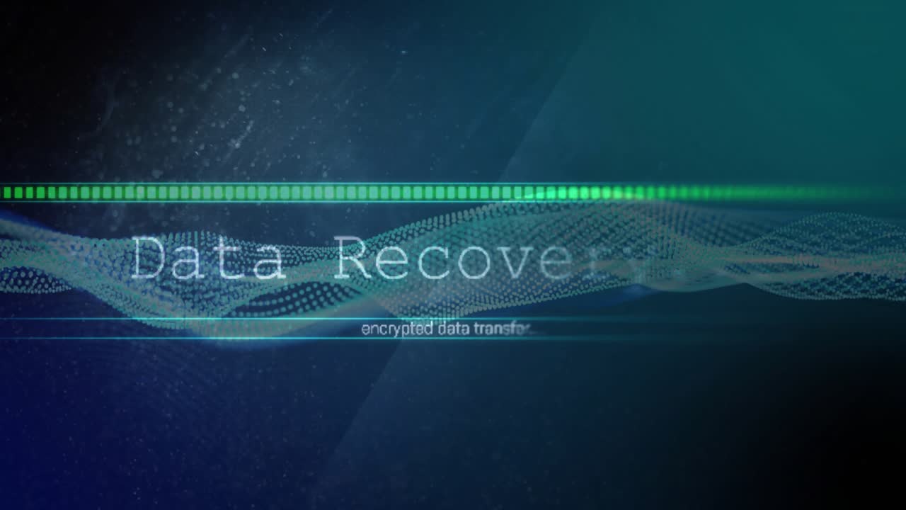 Blue waveform drifting triggers green bar filling and text representing encrypted data recovery