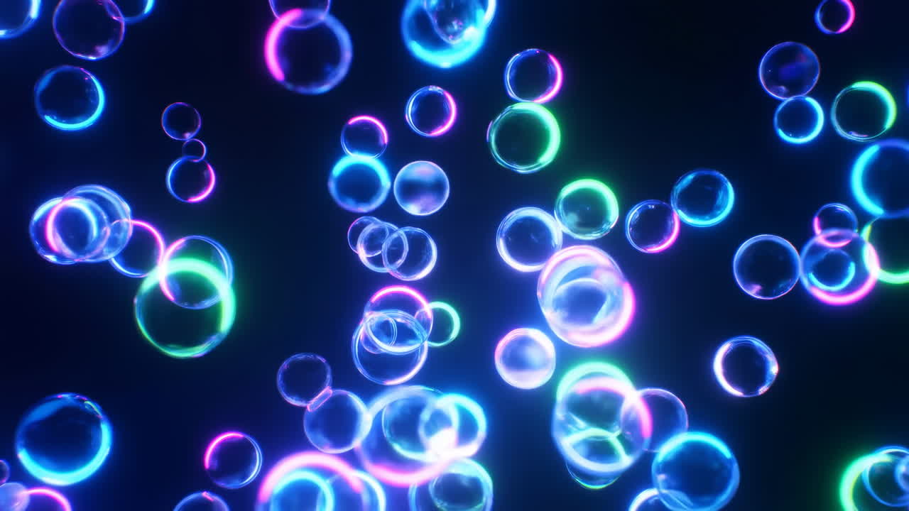Neon Bubbles Float Against Dark Background, Iridescent Rings Drift In Slow Motion, Colorful Glow With Soft