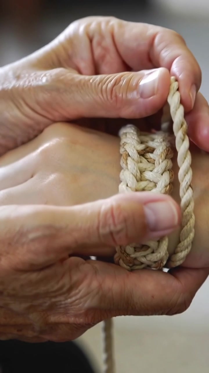 Vertical video: Positioning senior hands fastening braided bracelet and rope at home, securing fit