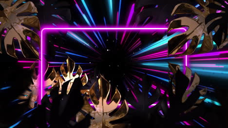 animación de senderos de luz de neón coloridos y marco con hojas sobre fondo negro