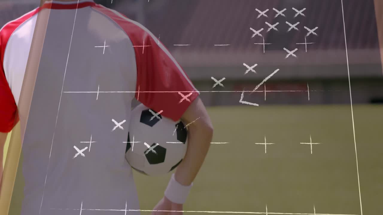 animación de los planes de juego sobre el jugador de fútbol caucásico en el estadio