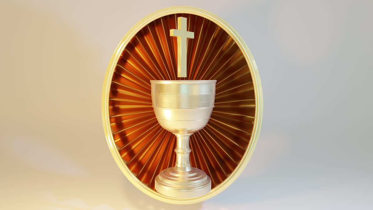 Holy Grail and cross placed on designed frame against gray backdrop. 3d animation loop