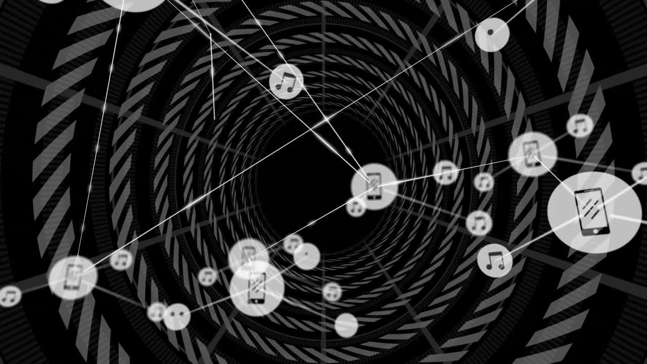 Animation of music and communication icons on black and white spiral background