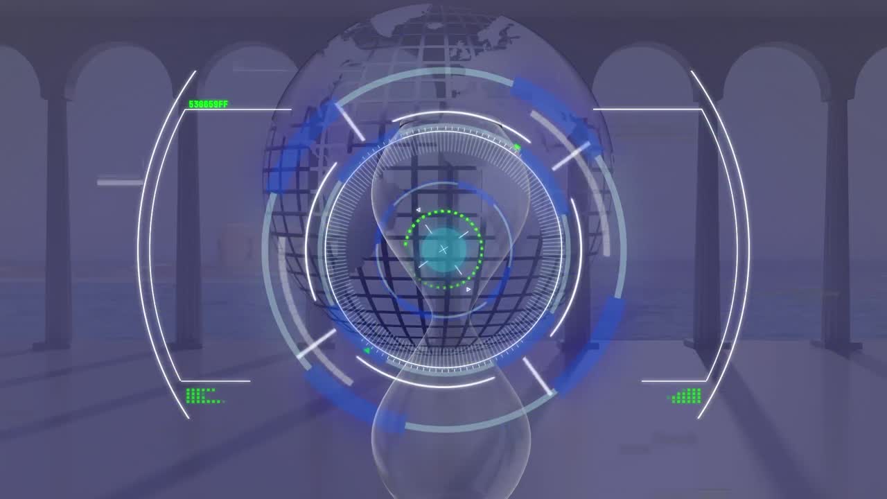 анимация сканирования сферы над песочными часами и глобусом