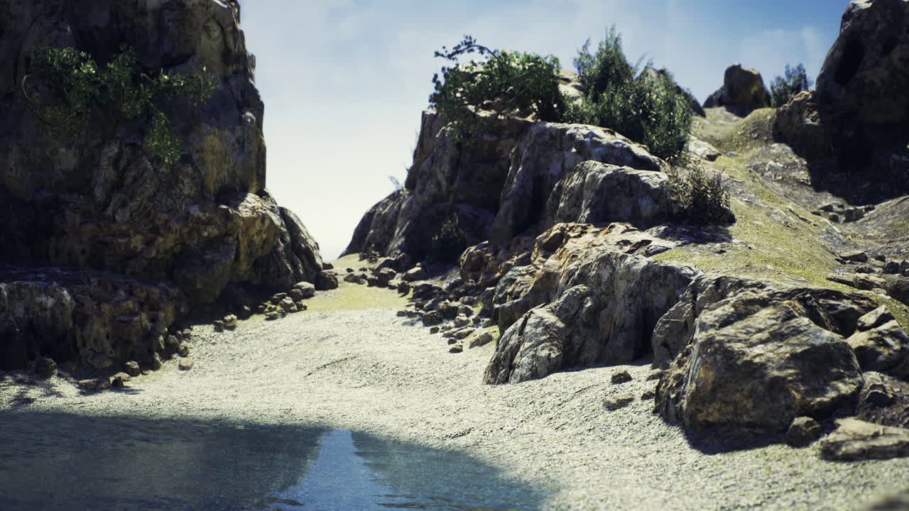 Rocky pathway leading to the ocean in a serene coastal landscape