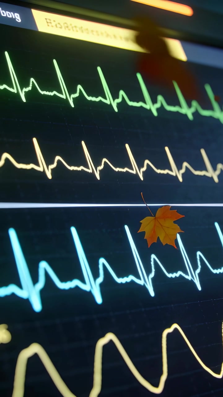 Monitor medico che mostra tracciati ECG per l'assistenza, con una foglia d'acero che entra nell'inquadratura e scivola sui tracciati.