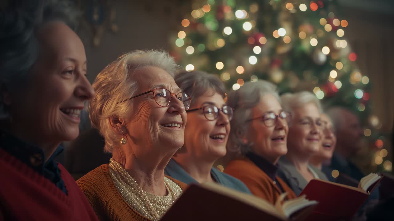 Panning camera over senior choir singing from red hymnals with conductor in hall by Christmas tree