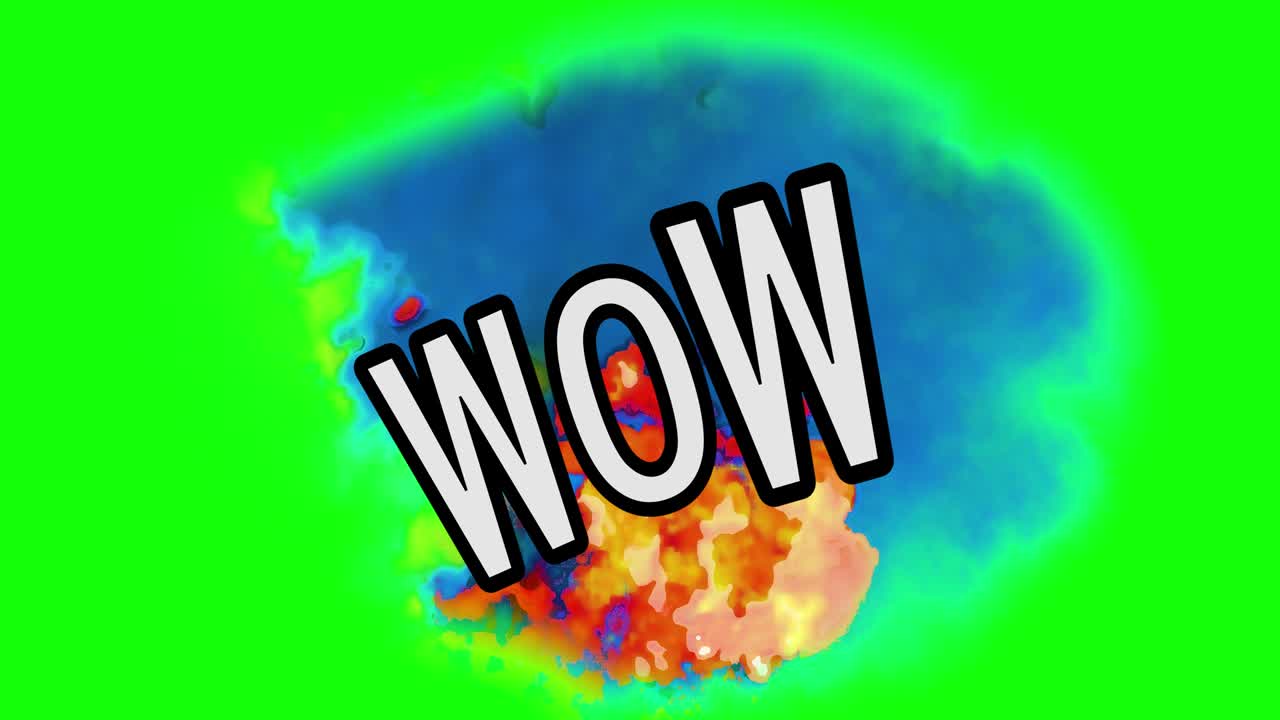 una animación de dibujos animados con una forma de explosión. palabra: wow, fondo verde