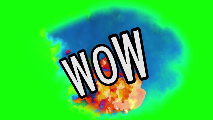 A comic strip speech cartoon animation with an explosion shape. Word: wow, green background