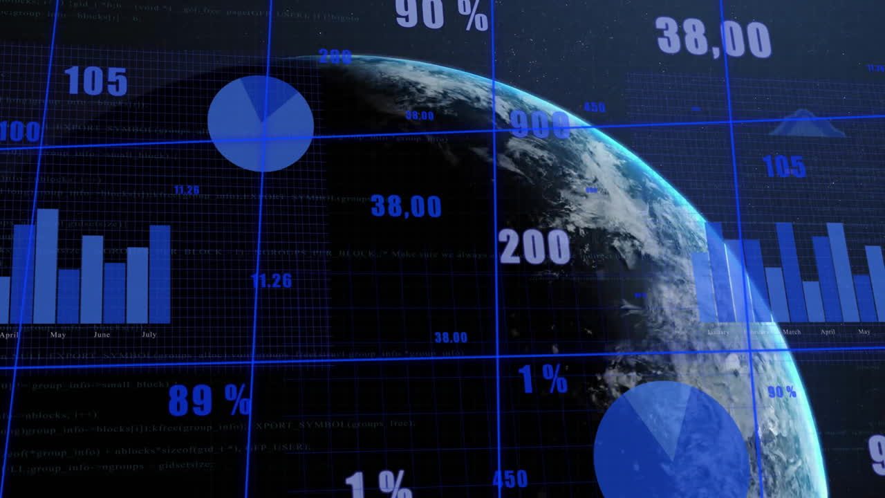 Animation of financial data processing over globe on black background