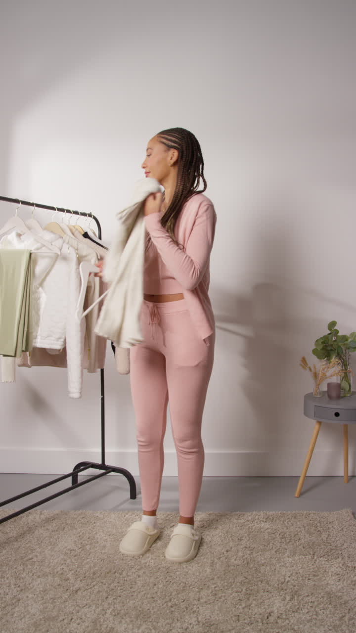 video vertical de una influencer femenina de redes sociales produciendo contenido generado por el usuario en el estudio probando una variedad de trajes de moda filmados en tiempo real 2