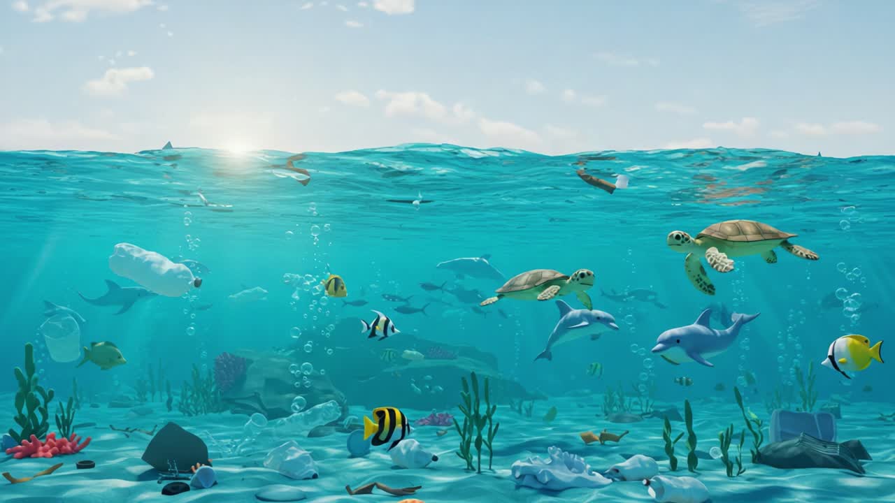 A Lively Underwater Scene Capturing the Beauty and Diversity of Marine Life, Featuring Colorful Fish, Graceful Turtles, and Playful Dolphins Swimming Among Ocean Flora