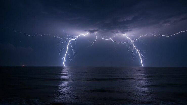 Uno spettacolo spettacolare della furia della natura: Potenti fulmini illuminano il cielo notturno sopra le calme acque dell'oceano, creando un maestoso contrasto con le nuvole scure.