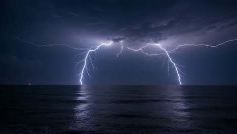 a spectacular display of nature's fury: powerful lightning strikes illuminate the night sky over the calm ocean waters creating a majestic contrast with the dark clouds