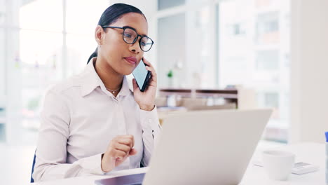 Business-woman,-phone-call-and-laptop