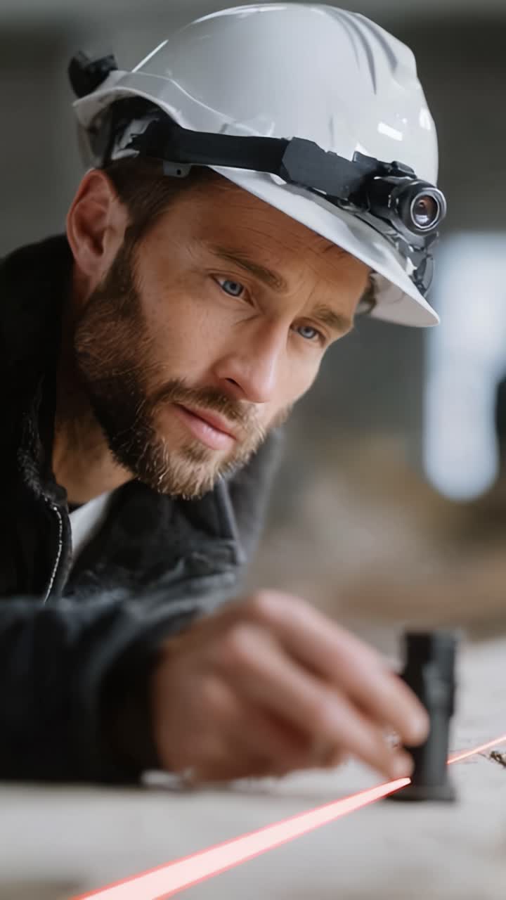 A Focused Construction Worker Utilizing Laser Tools for Precise Measurement During a Project, Highlighting Skilled Craftsmanship in Building Processes