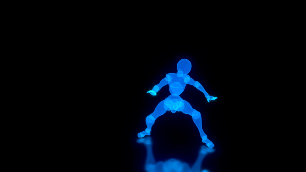 danza azul brillante personaje 3d inteligencia artificial de polígonos en un suelo reflectante en un fondo negro aislado animación de bucle sin costuras