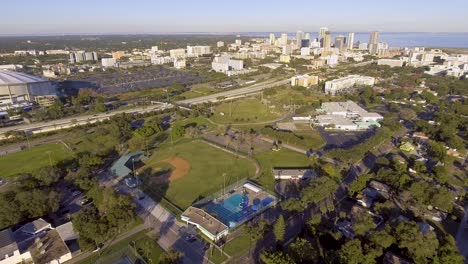 4k aerial drone video of campbell park and tampa bay rays baseball stadium in downtown st