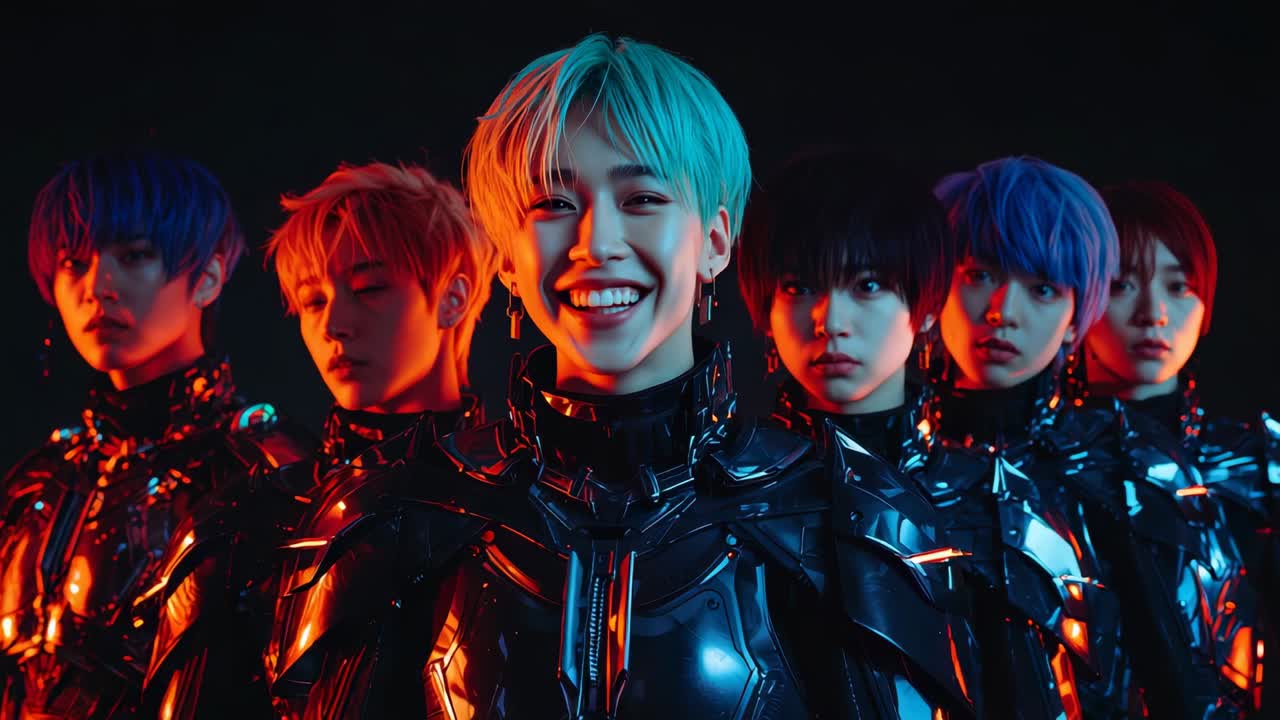 Pushing-in camera capturing lead performer expanding smile on dark stage, with armor and LEDs