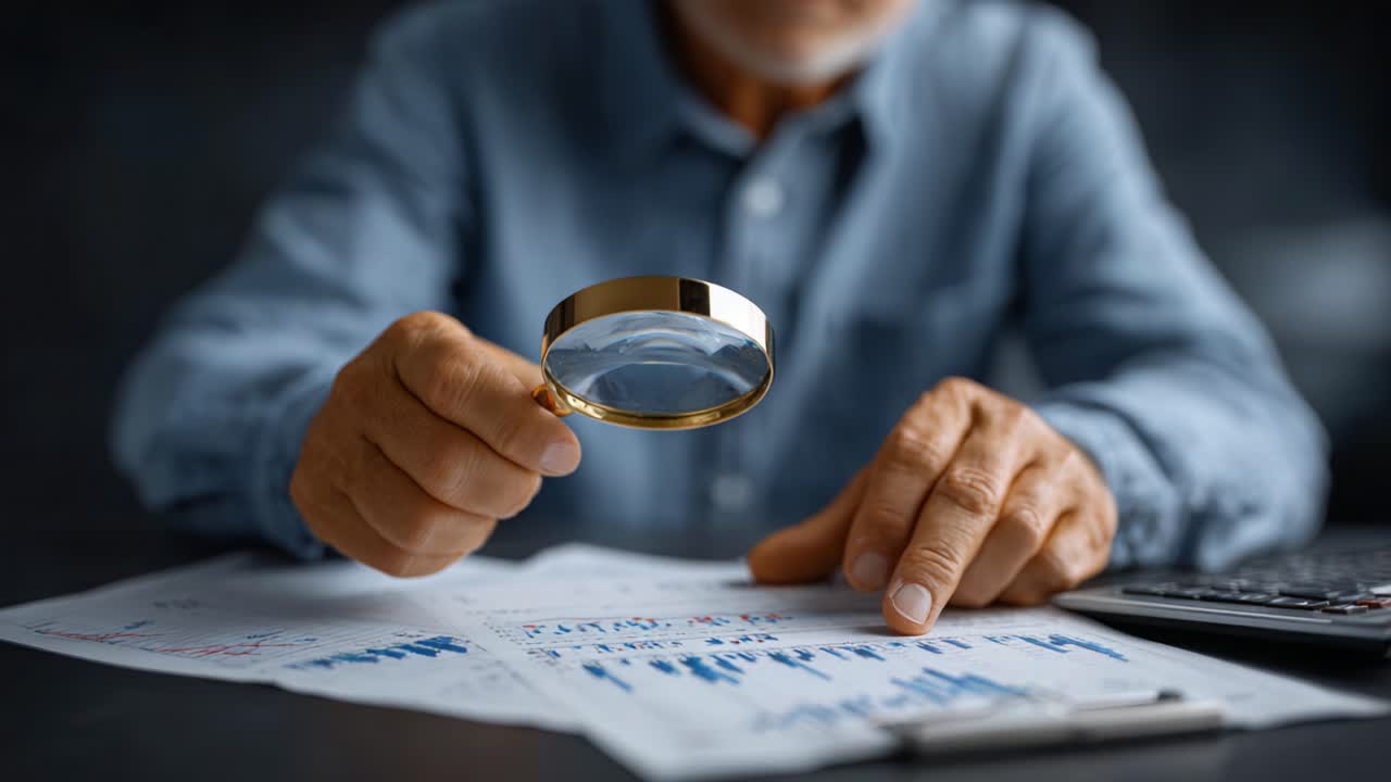 Un esame mirato di documenti finanziari utilizzando una lente d'ingrandimento da parte di un individuo esperto mette in mostra un'analisi attenta e attenzione ai dettagli nella valutazione di dati importanti.