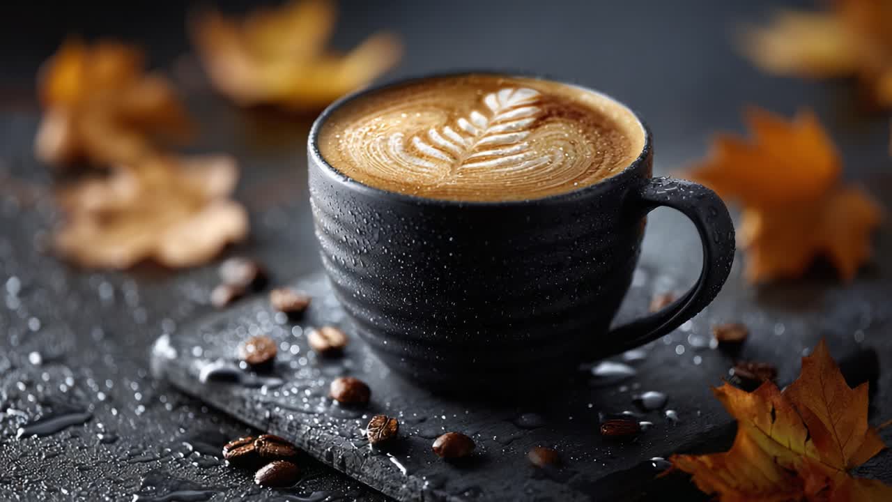 A Cozy Autumn Scene Featuring a Warm Cup of Coffee Adorned with Beautiful Latte Art Surrounded by Colorful Fallen Leaves