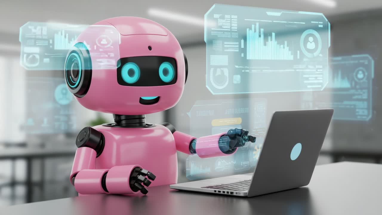 A Friendly Pink Robot Engaged in Computer Tasks While Analyzing Data with Interactive Digital Screens in a Modern Office Environment