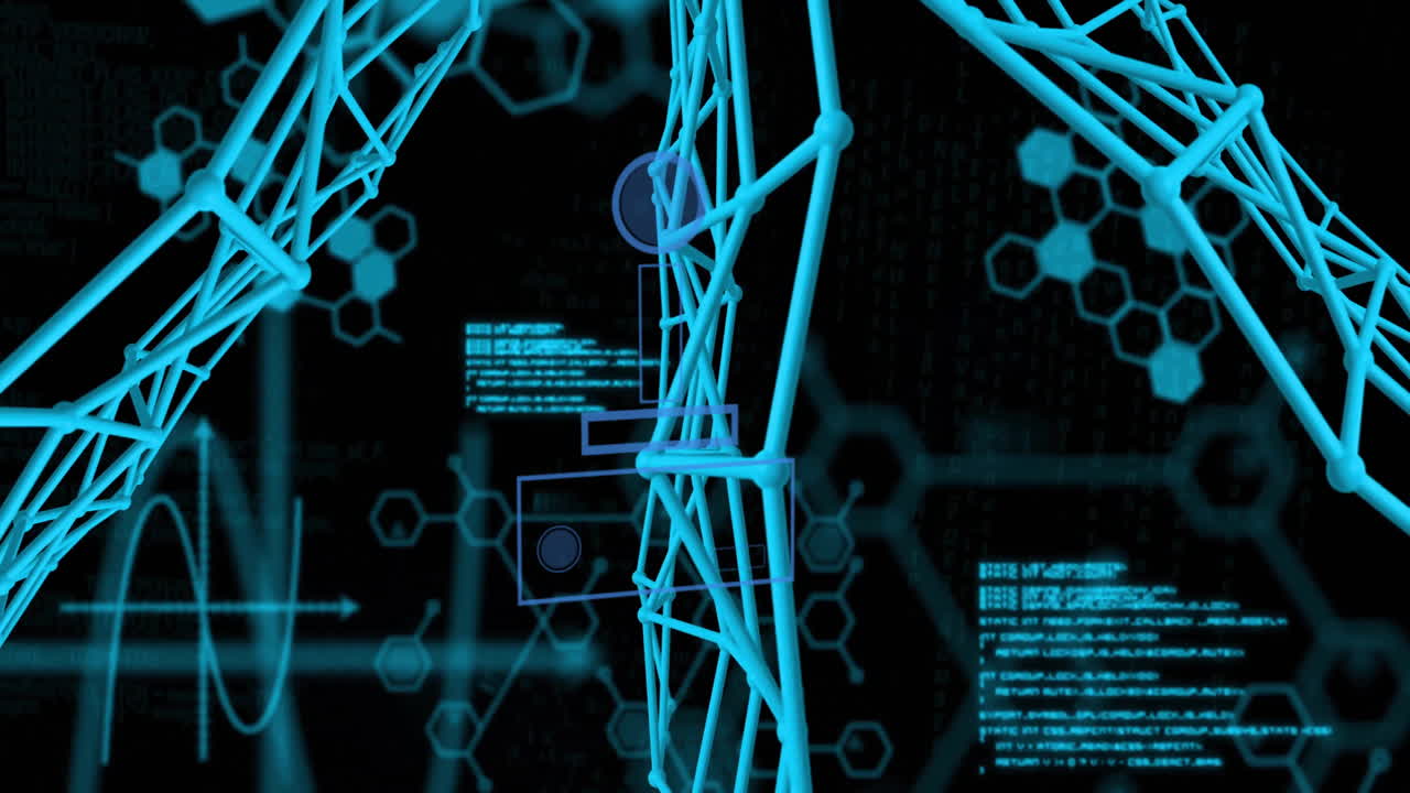 Animation of chemical formula with network of connections and data processing on black background