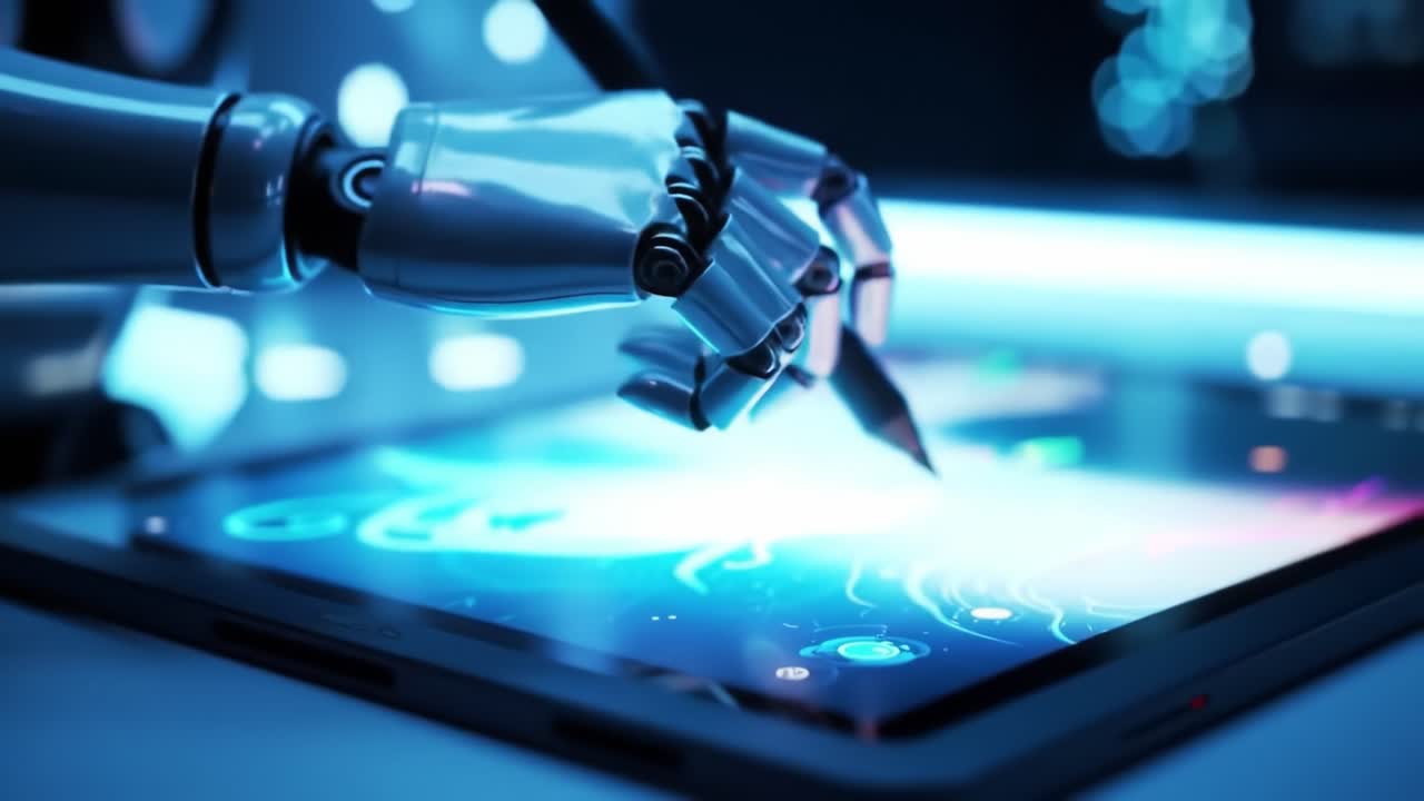 A robotic hand skillfully draws intricate designs on a glowing tablet screen in a high-tech setting. The scene captures the blend of art and technology under blue lights.