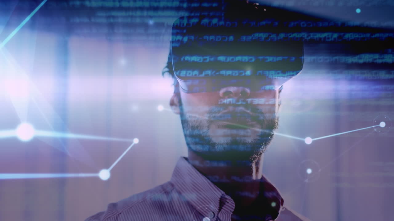 red brillante de conexiones y procesamiento de datos contra el hombre que usa auriculares