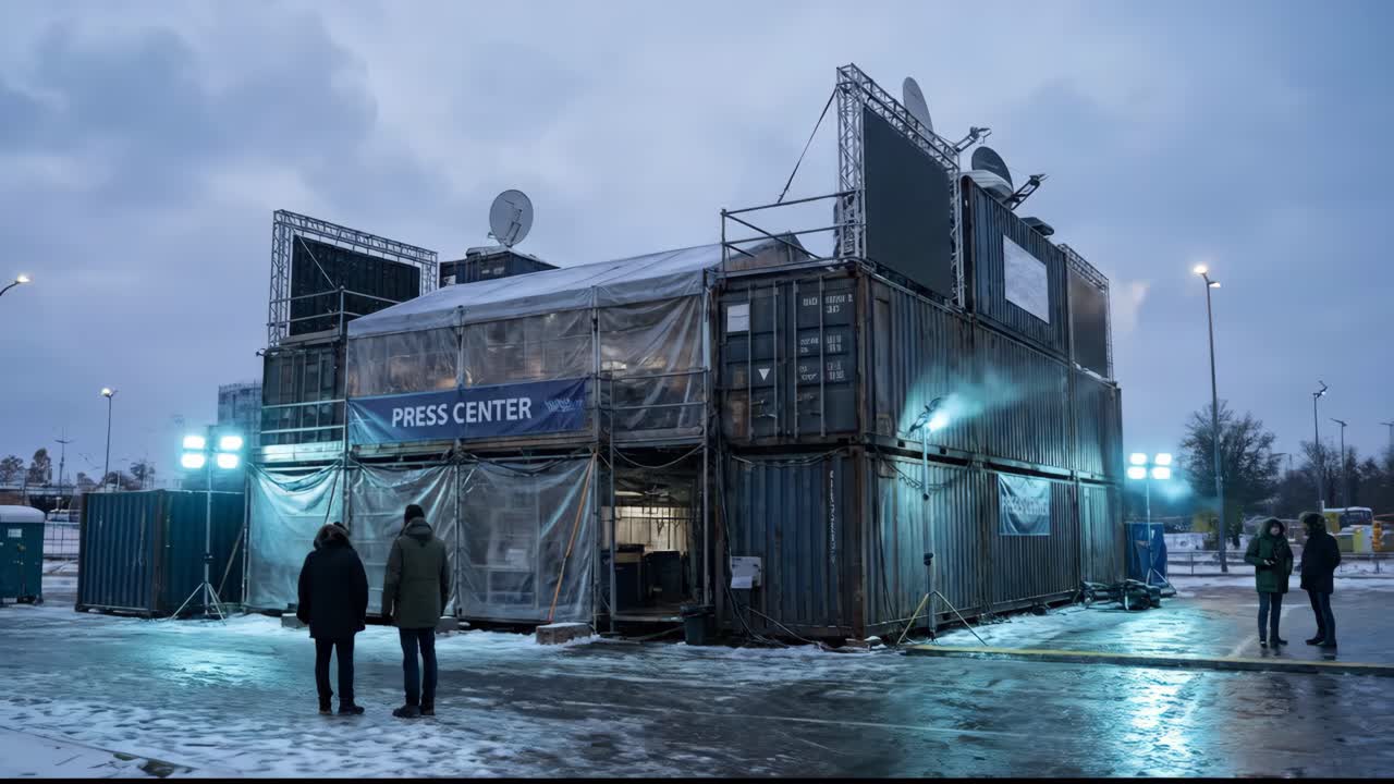 Outdoor Press Center Constructed from Shipping Containers on a Cold Day