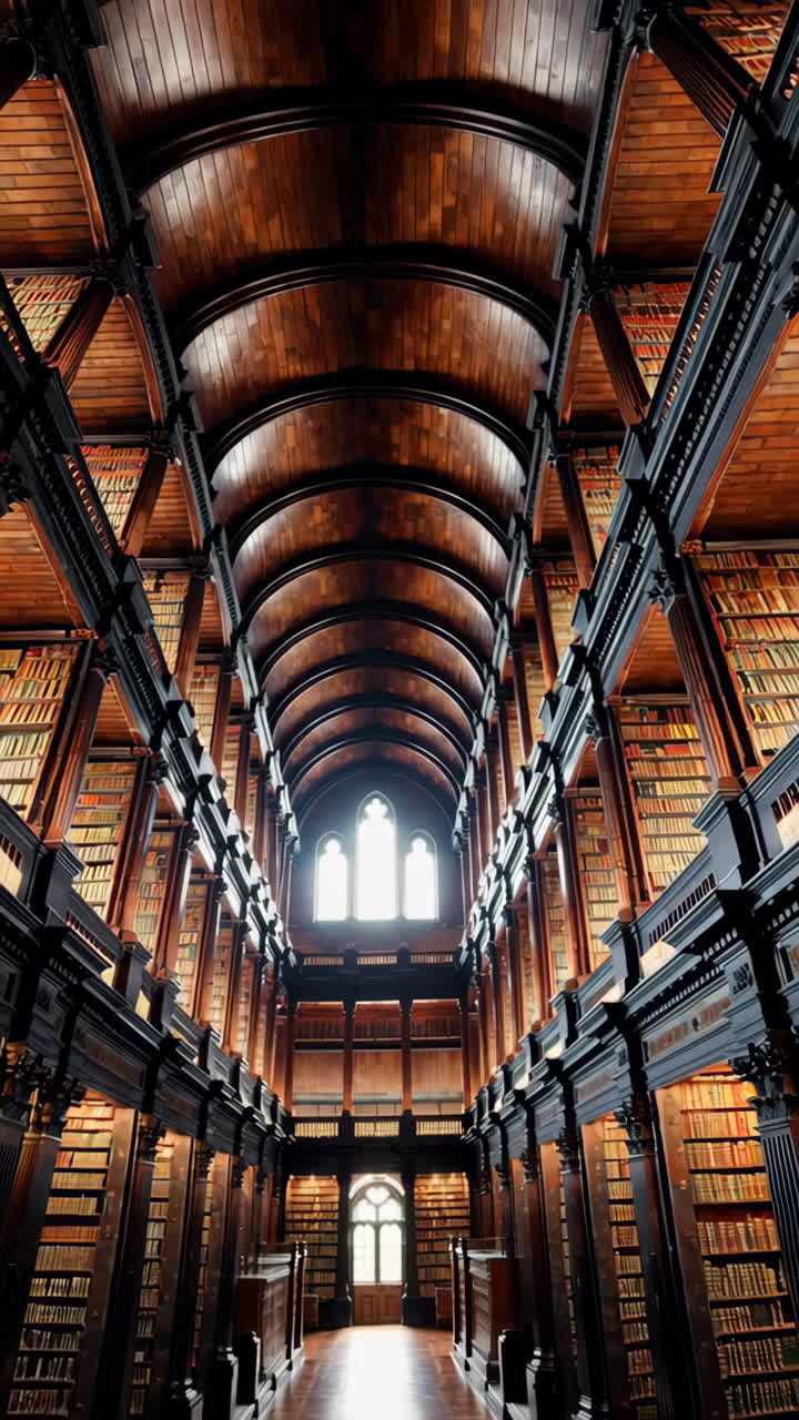 Grand Library Interior with High Ceilings and Bookshelves