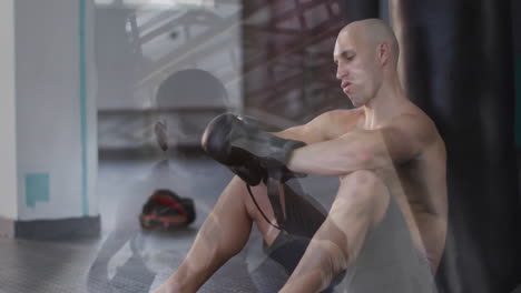 in gym, boxer adjusting gloves with animation of training scene overlay