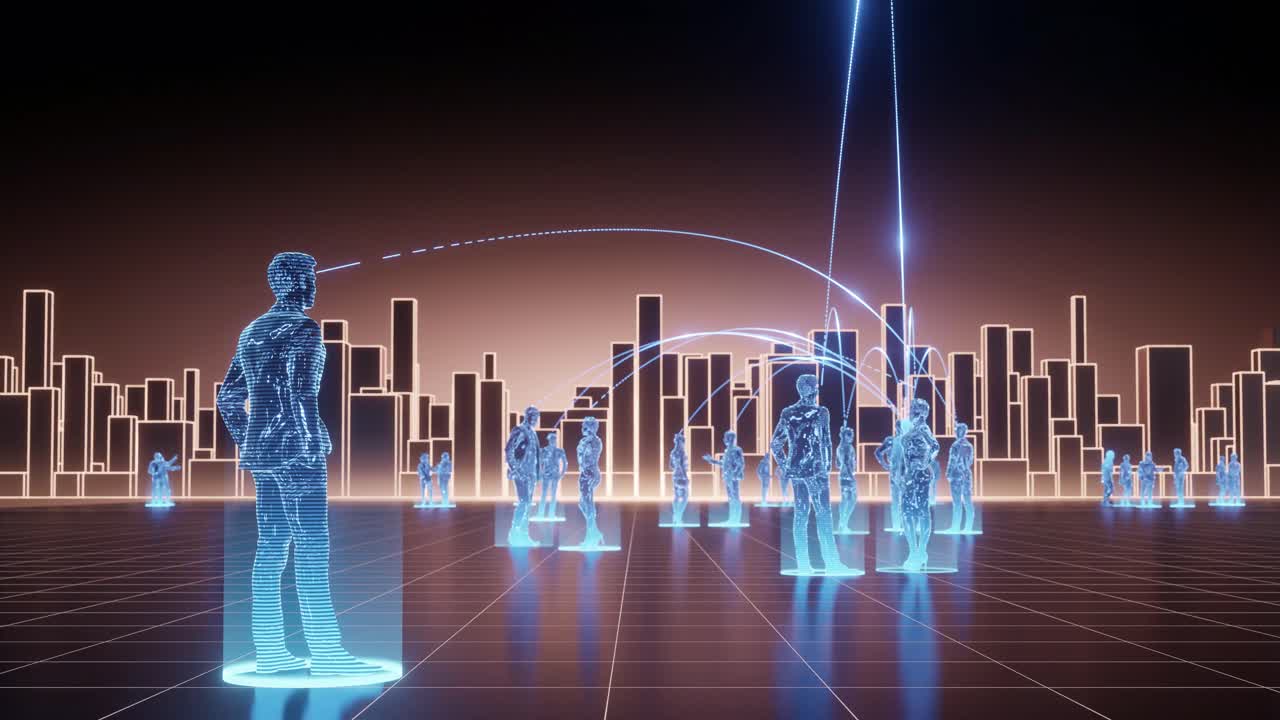 blue people hologram style, work and communication in futuristic city, orange sky, camera dolly out