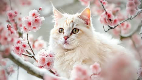 un gato blanco sentado en una rama de un árbol con flores rosas