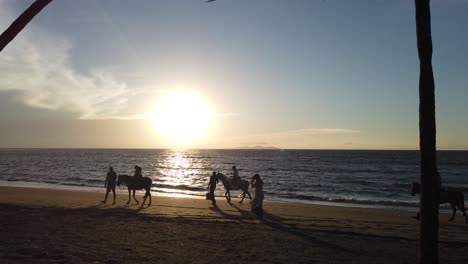 Caballos-Montando-En-La-Playa-De-Arena-Dorada-De-Fiji,-Con-La-Costa-De-La-Puesta-De-Sol-De-La-Isla-Tropical-Como-Fondo