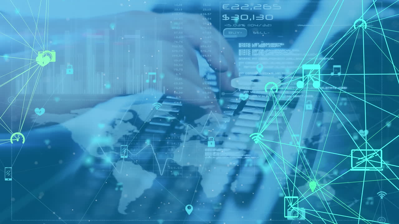mundo de la red de conexiones y procesamiento de datos contra el hombre escribiendo en el teclado de la computadora