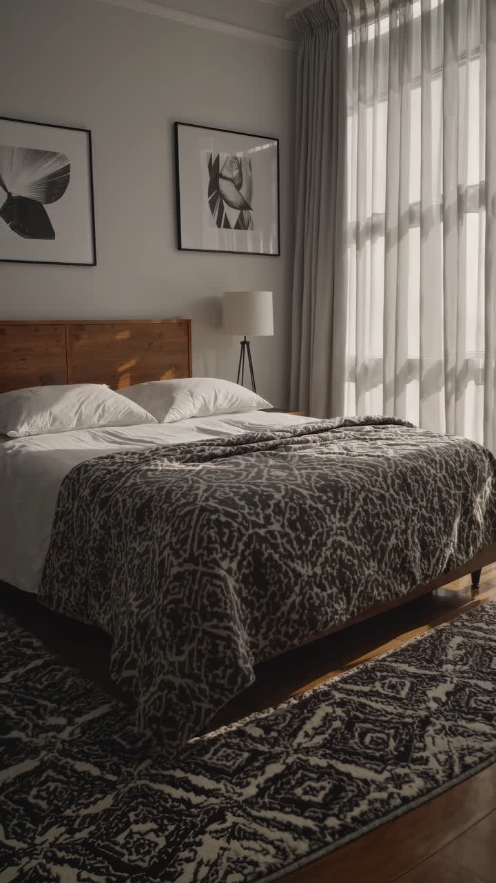 A serene bedroom with soft natural light streaming through sheer curtains, captured from a low