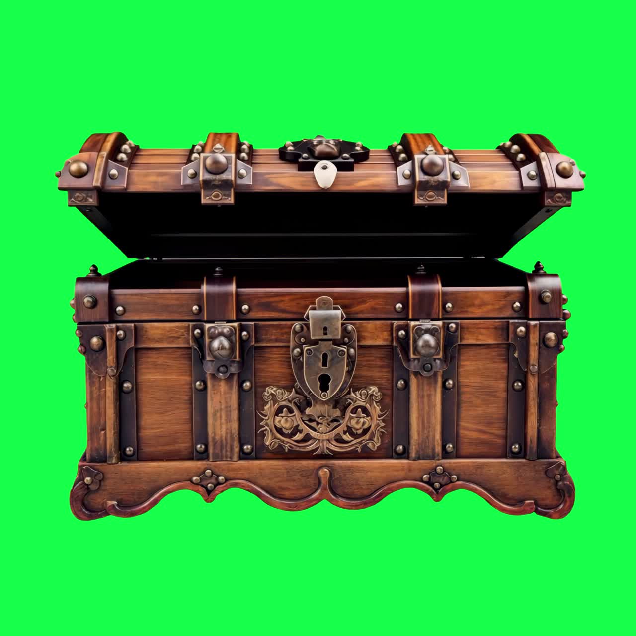 Vintage wooden treasure chest animation, transparent 4K video, green screen
