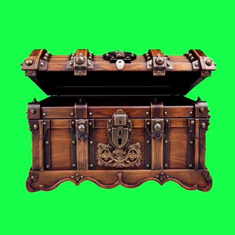 Vintage wooden treasure chest animation, transparent 4K video, green screen