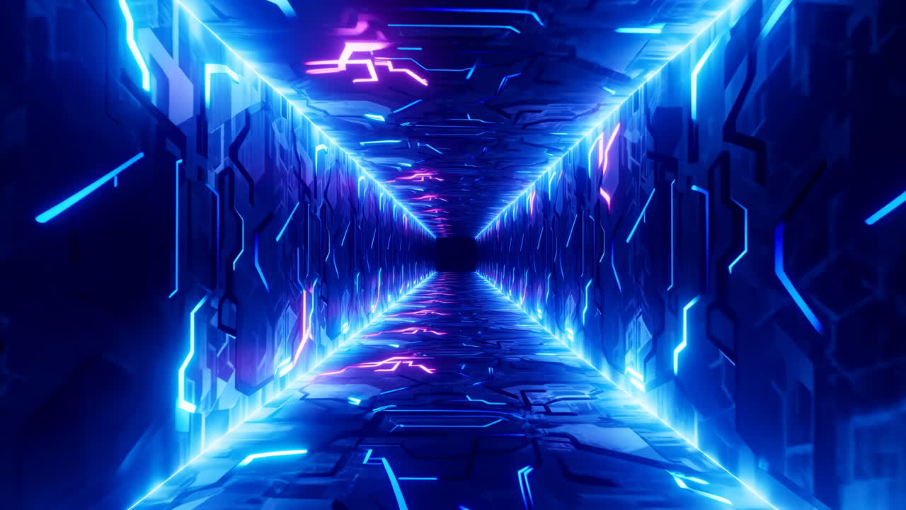 Tunnel Cyber Neon con Pavimento Riflettente dal Bagliore Blu, Pareti con Circuiti Geometrici, Accenti Magenta, Convergenti