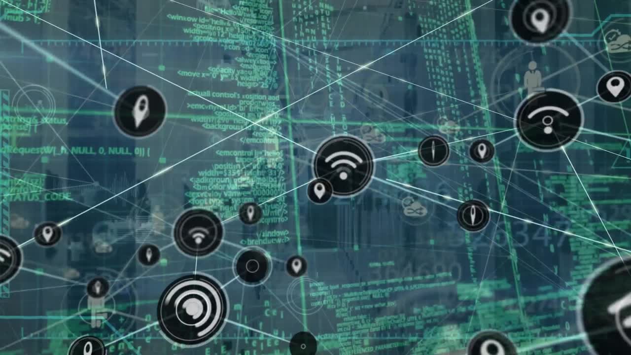 Animation of network of connections with icons and data processing over computer servers